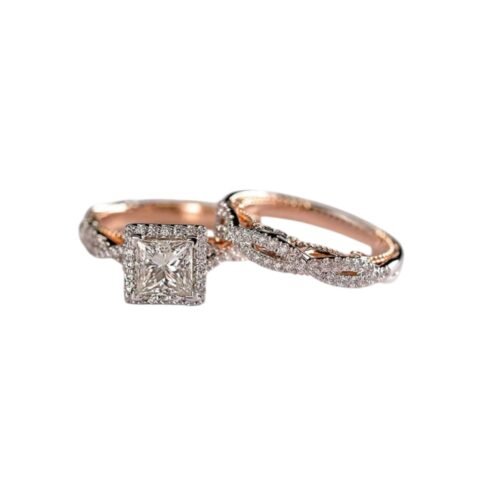 Rose & White Gold Princess-Cut Double-Row Bridal Duo
